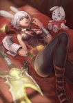  1girl animal_ears breasts broken broken_sword broken_weapon bunny_girl bunnysuit carrot chocolate_on_breasts cleavage cup detached_collar fake_animal_ears gloves goomrrat league_of_legends looking_at_viewer lying necktie on_back rabbit_ears riven_(league_of_legends) short_hair silver_hair single_glove solo stuffed_animal stuffed_bunny stuffed_toy sword weapon yellow_eyes 