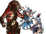  2girls anger_vein blue_hair bow cirno collar_grab crossover hair_bow hat height_difference highres ice ice_wings kamishirasawa_keine lifting_person multiple_girls predator predator_(film) red_eyes tokin_hat touhou wings 