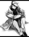  1boy greyscale hat jojo_no_kimyou_na_bouken kuujou_joutarou long_coat monochrome mpkxx solo 
