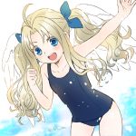  1girl :d ahoge bangs blue_bow blue_eyes blue_swimsuit bow collarbone eyebrows_visible_through_hair firo_(tate_no_yuusha_no_nariagari) flat_chest floating_hair hair_between_eyes hair_bow hair_intakes karashi_minamin leaning_forward long_hair open_mouth outstretched_arm school_swimsuit shiny shiny_hair silver_hair smile solo standing swimsuit tate_no_yuusha_no_nariagari twintails very_long_hair white_background 