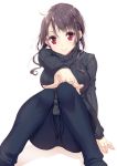  1girl breasts brown_hair hand_on_knee knees_together_feet_apart long_hair looking_at_viewer original outstretched_arm pants red_eyes sitting smile solo sweater white_background yatsu_(sasuraino) 