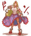  abs blonde_hair breasts fighting_stance geta highres horn hoshiguma_yuugi huge_breasts long_hair long_skirt muscle nameo_(judgemasterkou) red_eyes shackles skirt smile solo t-shirt thick_thighs thighs touhou vertical_stripes 