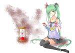  1girl black_legwear ficusmicrocarpa flower green_eyes green_hair hatsune_miku highres hourglass jewelry long_hair necklace petals sitting skirt solo thighhighs twintails very_long_hair vocaloid wariza world_is_mine_(vocaloid) 