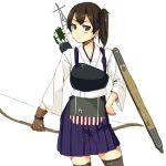  1girl arrow black_legwear bow brown_hair hand_on_hip japanese_clothes kaga_(kantai_collection) kantai_collection looking_at_viewer muneate personification quiver rough short_hair side_ponytail skirt solo thighhighs unasaka_ryou white_background 