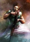  1boy blue_eyes brown_hair chris_redfield dragunov_svd facial_hair gun male muscle resident_evil resident_evil_5 richard_michaud rifle short_hair sniper_rifle solo traditional_media uniform watercolor_(medium) weapon 