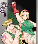  1boy 1girl abs ahoge american_flag armpits beret blue_eyes braid breasts cameo cammy_white clenched_hand doboshiru fingerless_gloves gloves guile han_juri hat huge_ahoge large_breasts leotard leotard_pull long_hair muscle raised_fist scar street_fighter sunglasses tattoo twin_braids very_long_hair 