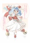  1girl adapted_costume ascot bell bespectacled blue_hair brooch dress fang glasses hat hat_ribbon highres jewelry juliet_sleeves long_sleeves open_mouth pink_eyes puffy_sleeves remilia_scarlet ribbon sash shunsuke smile solo touhou translation_request white_dress 