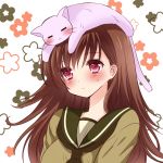  1girl animal_on_head blush brown_hair bust cat cat_on_head kantai_collection long_hair nogi_takayoshi ooi_(kantai_collection) personification pink_eyes school_uniform serafuku solo 