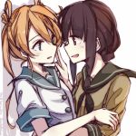  2girls abukuma_(kantai_collection) black_hair blonde_hair blue_eyes braid brown_eyes bust eye_contact hair_ribbon kantai_collection kitakami_(kantai_collection) long_hair looking_at_another multiple_girls neckerchief payot personification pokoruru ribbon school_uniform serafuku single_braid 