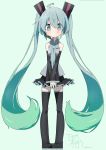  1girl 2014 aqua_eyes aqua_hair artist_name boots dated detached_sleeves hatsune_miku headset inaka_keikou long_hair necktie pigeon-toed revision skirt solo thigh_boots thighhighs twintails very_long_hair vocaloid 