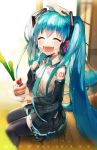  1girl 39 2014 ^_^ aqua_hair black_legwear blush cake closed_eyes detached_sleeves eating food fork fruit hand_on_another&#039;s_head hatsune_miku headset highres necktie open_mouth sitting skirt solo_focus strawberry thigh-highs twintails vocaloid wide_sleeves zettai_ryouiki zis 