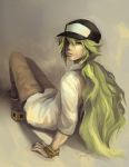 1boy bangle baseball_cap bracelet c-dra green_hair hat jewelry lips long_hair looking_over_shoulder n_(pokemon) nose pokemon pokemon_(game) ponytail rubik&#039;s_cube sitting solo 
