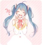  1girl 39 ahoge aqua_hair bowtie closed_eyes detached_sleeves dress hatsune_miku head_tilt long_hair open_mouth solo striped striped_background tama_(songe) twintails vocaloid 
