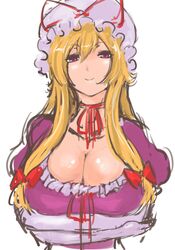  1girl blonde_hair bow breast_hold breasts choker cleavage crossed_arms elbow_gloves gloves hair_bow hat highres huge_breasts nameo_(judgemasterkou) ribbon_choker solo touhou violet_eyes yakumo_yukari 