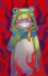  1girl alternate_costume animal_costume blonde_hair blood blue_eyes bow costume frog_costume hair_bow hair_ornament hood long_tongue looking_at_viewer moriya_suwako no_hat simple_background solo tongue tongue_out touhou wink zounose 