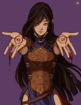  1girl armor bangs black_hair blood bodypaint breastplate castlevania castlevania:_order_of_ecclesia joakim_sandberg long_hair looking_at_viewer outstretched_arms parted_bangs shanoa solo very_long_hair 