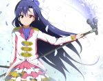  1girl blue_hair brown_eyes flower glowing glowing_eye hair_flower hair_ornament heterochromia hitotukinanoka idolmaster kisaragi_chihaya long_hair looking_at_viewer microphone microphone_stand red_eyes skirt solo 