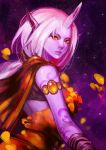  1girl armlet cape danann horn league_of_legends long_hair looking_at_viewer pointy_ears ponytail purple_skin silver_hair solo soraka yellow_eyes 