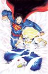  2boys alien battle black_hair blonde_hair cape clenched_hand crossover dc_comics dragon_ball dragon_ball_z earrings gloves highres jewelry kryptonian male multiple_boys muscle s_shield short_hair smile spiky_hair super_saiyan superman superman_(series) vegetto 