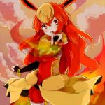  1girl animal_ears blonde_hair blush bracelet elbow_gloves fingerless_gloves fire flareon gloves jewelry jpeg_artifacts long_hair multicolored_hair open_mouth personification pokemon red_eyes red_sky redhead sky solo takeshima_(nia) two-tone_hair 