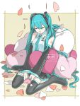  1girl aqua_hair boots closed_eyes detached_sleeves hatsune_miku heart highres long_hair mirai_delivery miyama_fugin necktie sitting skirt sleeping solo thigh-highs thigh_boots twintails very_long_hair vocaloid wariza 