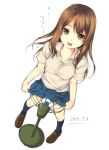  1girl brown_hair dated electric_fan green_eyes open_mouth original polo_shirt skirt solo standing unasaka_ryou white_background 