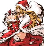  1girl bare_shoulders blonde_hair boots bow breasts christmas cleavage elbow_gloves gloves hair_bow hat highres large_breasts long_hair nameo_(judgemasterkou) red_gloves red_legwear sack santa_costume santa_hat side_slit solo thigh-highs thigh_boots touhou violet_eyes yakumo_yukari 