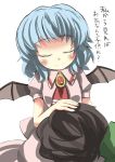  1boy 1girl ascot bat_wings black_hair blue_hair brooch closed_eyes gaoo_(frpjx283) highres jewelry lap_pillow no_headwear remilia_scarlet short_hair skirt smile touhou translation_request wings 