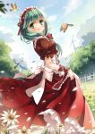  1girl absurdres adapted_costume alternate_costume bird blue_sky blush clouds dress dress_lift enmaided fence flower front_ponytail green_eyes green_hair highres jiji_(381134808) kagiyama_hina looking_at_viewer maid maid_apron maid_headdress petals puffy_sleeves red_dress sash short_sleeves sky smile solo touhou tree windmill wrist_ribbon 