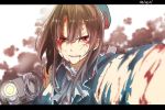  1girl ascot beret blood blood_on_face brown_hair bust cannon damaged hat kantai_collection long_hair looking_at_viewer open_mouth personification pokoruru smile solo takao_(kantai_collection) torn_clothes 