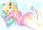  1girl :&lt; animal_ears blonde_hair blue_eyes blush cat_ears cat_tail hair_ribbon ichi_makoto long_hair looking_at_viewer lying on_stomach pillow pillow_hug ribbon simple_background solo tail thigh-highs two_side_up white_legwear 