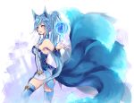  1girl ahri alternate_hair_color animal_ears bare_shoulders blue_hair braid detached_collar detached_sleeves facial_mark fox_ears fox_tail kakip league_of_legends long_hair multiple_tails ponytail side_braid solo tail thigh-highs twin_braids whisker_markings yellow_eyes 