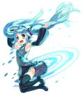  1girl ahoge aqua_eyes aqua_hair arms_up boots btoor detached_sleeves floating_hair hatsune_miku highres jumping long_hair necktie open_mouth skirt solo thigh_boots thighhighs twintails very_long_hair vocaloid 