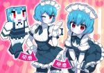  blown_kiss blue_hair character_request gloves maid maid_headdress minecraft pomelocandy puffy_short_sleeves puffy_sleeves red_eyes short_sleeves translation_request v_arms white_gloves white_skin wink 