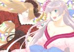  2girls alternate_hairstyle binbougami_ga! blonde_hair braid breasts caelus17 flower green_eyes hair_flower hair_ornament hair_over_one_eye head_wreath japanese_clothes kimono large_breasts long_hair momiji_(binbougami_ga!) multiple_girls obi sakura_ichiko sash silver_hair yellow_eyes 