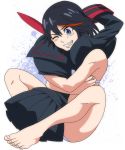  1girl barefoot black_hair blue_eyes bra grin highlights hug kill_la_kill living_clothes matoi_ryuuko multicolored_hair panties redhead school_uniform senketsu serafuku short_hair smile tamaki_hayato two-tone_hair underwear white_bra white_panties 