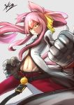  1girl animal_ears bell belt blazblue cat_ears cat_tail clenched_hands glasses hair_ribbon kokonoe long_hair mechanical_arms midriff mound_of_venus multiple_tails navel orange_eyes pince-nez pink_hair ponytail ribbon slit_pupils solo sowel_(sk3) tail toned two_side_up 