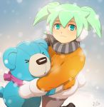  2boys bunny_tail closed_eyes earmuffs fei_rune gloves green_eyes green_hair inazuma_eleven_(series) inazuma_eleven_go inazuma_eleven_go_chrono_stone male mizuhara_aki multiple_boys no_pupils scarf snowing tail wonderbat 