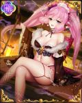  1girl :d bare_shoulders black_gloves blue_eyes breasts cleavage copyright_request crossed_legs garter_belt garter_straps gloves hair_ornament inayama jpeg_artifacts long_hair navel open_mouth pink_hair sitting smile solo twintails very_long_hair 
