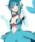  1girl blue_eyes blue_hair breasts center_opening cleavage elbow_gloves gloves head_fins mermaid monster_girl navel personification pokemon short_hair solo takeshima_(nia) white_background 