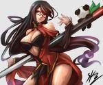  1girl bare_shoulders blazblue breasts chinese_clothes cleavage contrapposto detached_sleeves glasses hair_down halterneck lao_jiu large_breasts litchi_faye_ling long_hair low-tied_long_hair panda red_eyes semi-rimless_glasses solo sowel_(sk3) staff under-rim_glasses very_long_hair yin_yang 