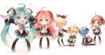  2boys 4girls ahoge all_fours blonde_hair boots brown_eyes brown_hair chibi comb covering_face crossdressinging detached_sleeves food green_eyes green_hair hair_ribbon hatsune_miku hatsune_miku_(cosplay) headphones highres ice_cream ice_cream_cone kagamine_len kagamine_rin kaito kneeling long_hair megurine_luka meiko multiple_boys multiple_girls necktie niwako open_mouth outstretched_arms pigeon-toed pink_hair popsicle redhead ribbon short_hair skirt spread_arms sweat thigh_boots thighhighs trap twintails very_long_hair vocaloid white_background 