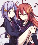  2girls ^_^ ahoge carrying closed_eyes crescent_hair_ornament hair_ornament kantai_collection lavender_hair long_hair multiple_girls musical_note personification pokoruru princess_carry redhead school_uniform serafuku short_hair short_hair_with_long_locks skirt smile uzuki_(kantai_collection) yayoi_(kantai_collection) 