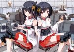  2girls absurdres ayuya_naka_no_hito bare_shoulders black_hair breasts detached_sleeves fairy_(kantai_collection) fusou_(kantai_collection) hair_ornament helmet highres japanese_clothes kantai_collection long_hair multiple_girls open_mouth personification red_eyes short_hair smile turret yamashiro_(kantai_collection) 