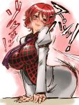  1girl bent_over blush breasts highres horikawa_raiko impossible_clothes impossible_shirt large_breasts nameo_(judgemasterkou) necktie plaid plaid_shirt red_eyes redhead short_hair smile solo touhou 