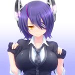  1girl blush breasts bust cardigan eyepatch fingerless_gloves gloves headgear highres kantai_collection large_breasts personification purple_hair short_hair solo sweatdrop tenryuu_(kantai_collection) watarui yellow_eyes 