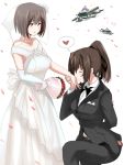  2girls airplane blush bouquet bride brown_eyes brown_hair dress elbow_gloves fairy_(kantai_collection) flower formal gloves groom hyuuga_(kantai_collection) ise_(kantai_collection) kantai_collection kiss_on_hand multiple_girls personification ponytail short_hair suit ulrich_(tagaragakuin) wedding_dress 