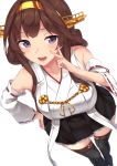  1girl absurdres ahoge bare_shoulders black_legwear black_skirt breasts brown_hair collarbone detached_sleeves double_bun finger_to_mouth hand_on_hip headgear highres hinacalibur japanese_clothes kantai_collection kongou_(kantai_collection) large_breasts long_hair looking_at_viewer nontraditional_miko open_mouth pleated_skirt remodel_(kantai_collection) ribbon-trimmed_sleeves ribbon_trim simple_background skirt solo standing thigh-highs v violet_eyes white_background 