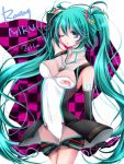  1girl 2011 aqua_eyes aqua_hair arm_up clothed_navel elbow_gloves gloves goodsmile_racing hatsune_miku highres koyoi_(ruka) long_hair racequeen solo twintails very_long_hair vocaloid wink 