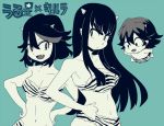  1boy 2girls breasts cleavage cosplay horns kill_la_kill kiryuuin_satsuki long_hair lum lum_(cosplay) matoi_ryuuko multiple_girls navel sanageyama_uzu shinonoko_(tubamecider) short_hair ten_(urusei_yatsura) ten_(urusei_yatsura)_(cosplay) tiger_print urusei_yatsura 